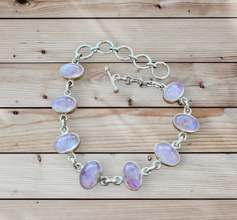 Pink moonstone solid silver bracelet