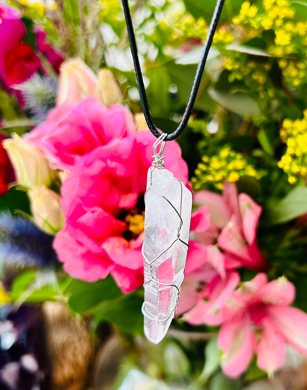 Raw clear Quartz pendant on adjustable wax cord