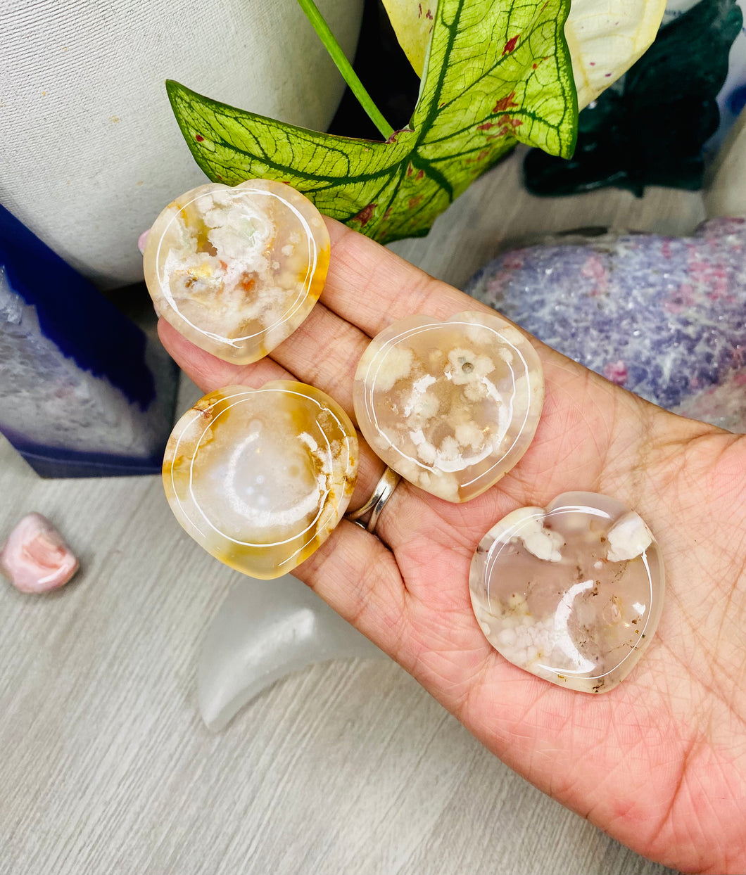 Flower Agate heart worry stones